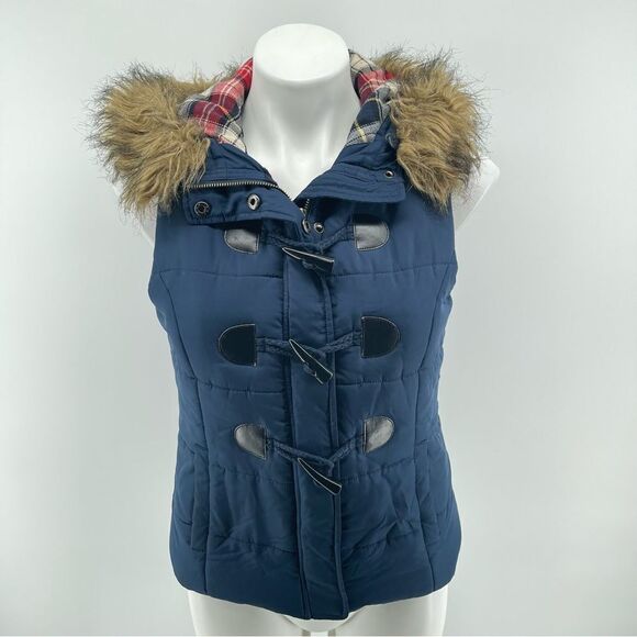 Love Tree Women’s Navy Blue Full Zip Faux Fur Trim Hooded Puffer Vest Small - Picture 3 of 15